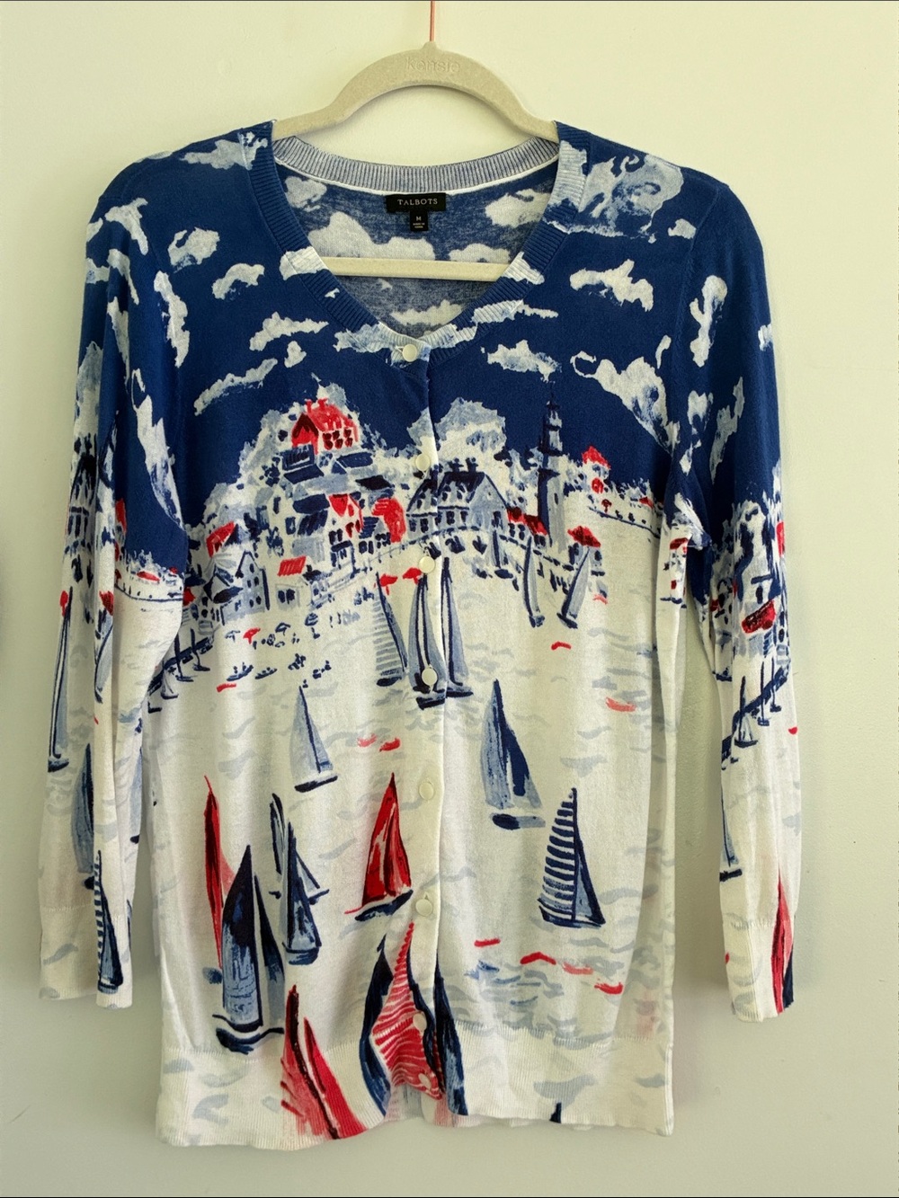 Talbots Navy, White & Red Nautical Sailboat Button-Front Top M Preppy Coastal